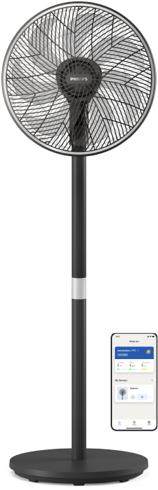 (si apre nella stessa finestra) Ventilatore a piedistallo Philips accanto alle mini icone dell'app Philips Air+, su sfondo azzurro.
